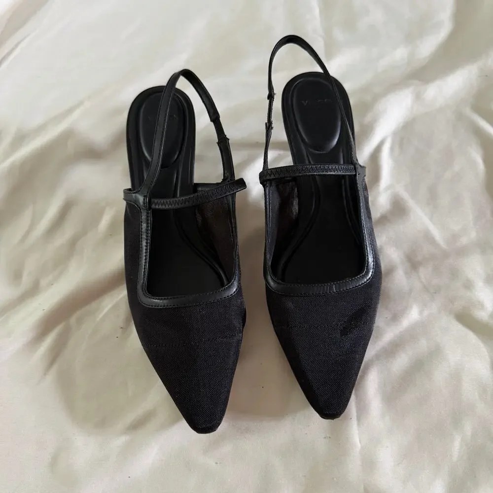 Vince Black Mesh Pointed Toe Mary Jane Strap Kitten Heel 7 Sling Back